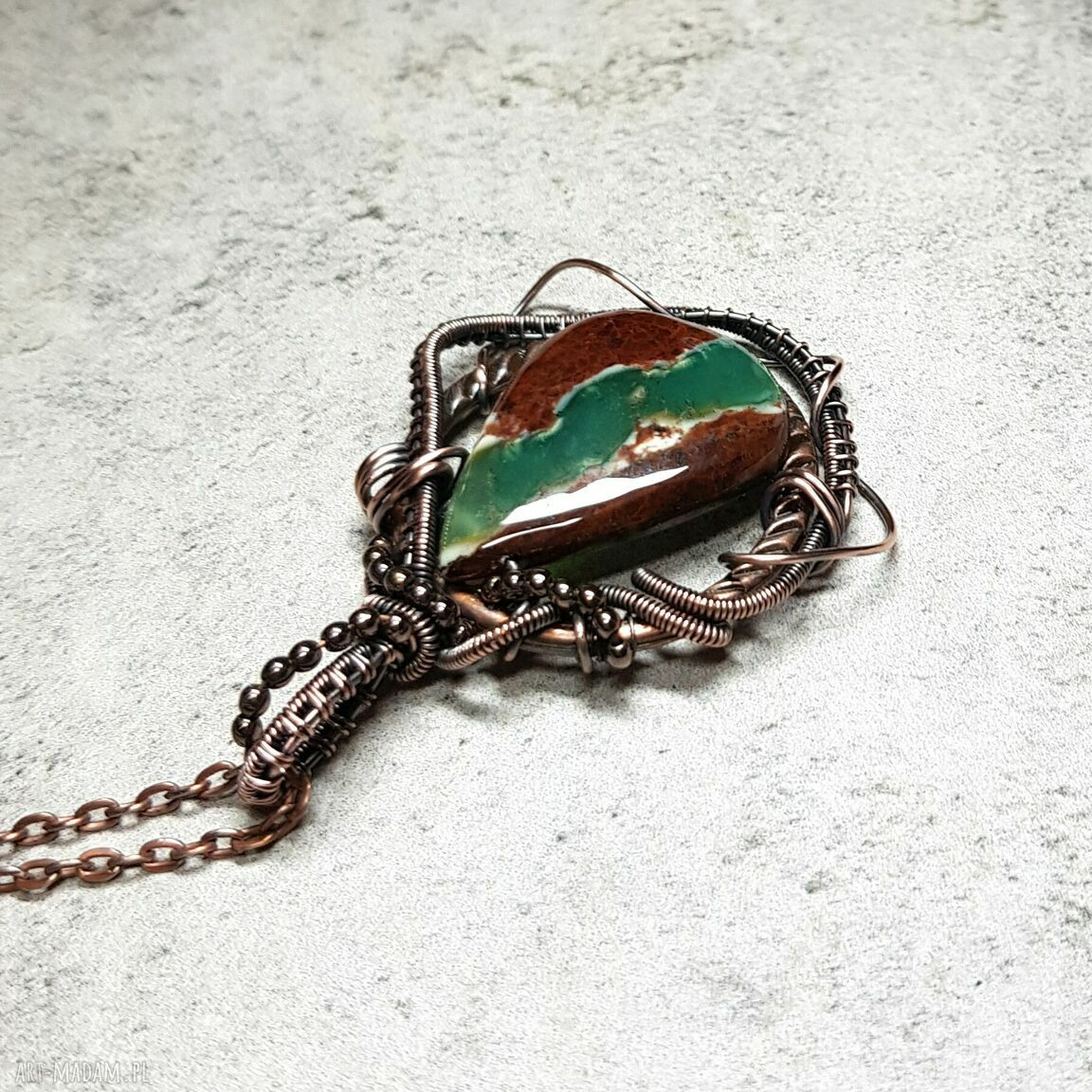 Chryzopraz - kamień szczęścia m217 - miedziany naszyjnik wire wrapping