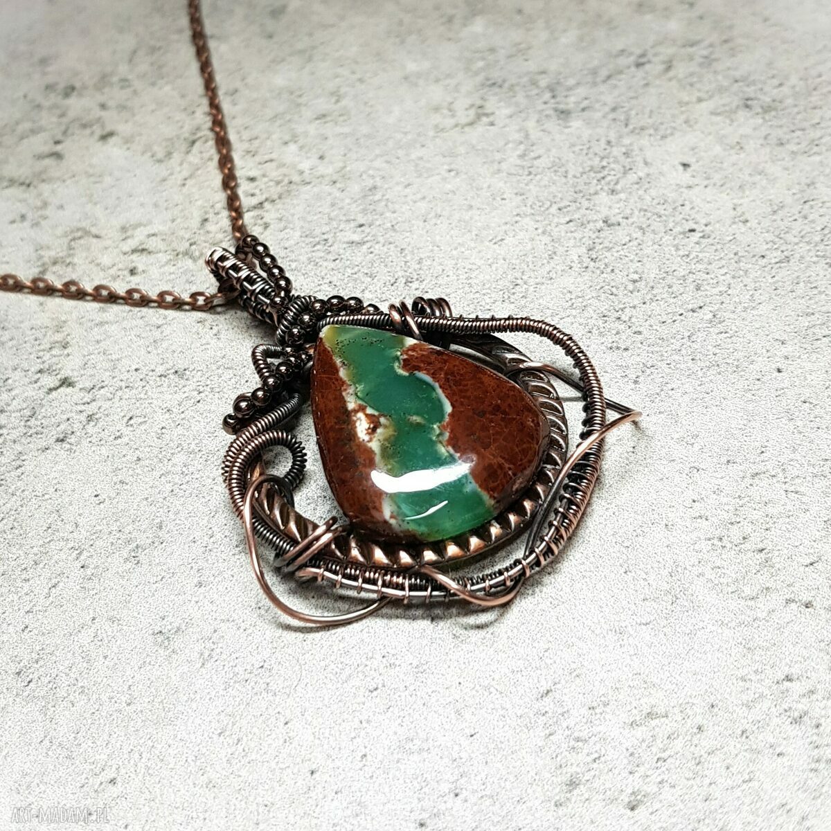 Chryzopraz - kamień szczęścia m217 - miedziany naszyjnik wire wrapping