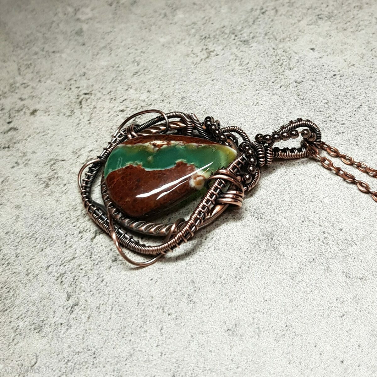 Chryzopraz - kamień szczęścia m217 - miedziany naszyjnik wire wrapping