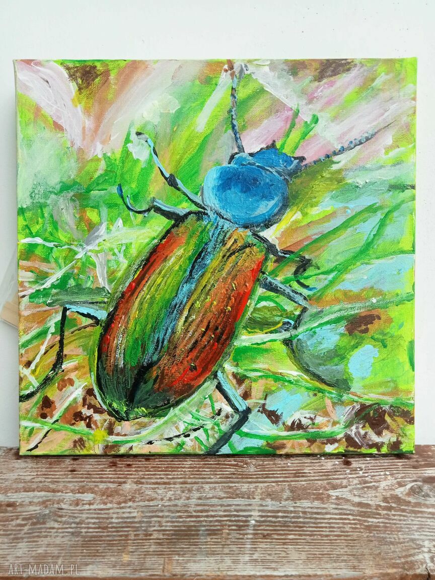 Chrząszcz brzmi w trzcinie - ręcznie malowany obraz akrylowy 30x30