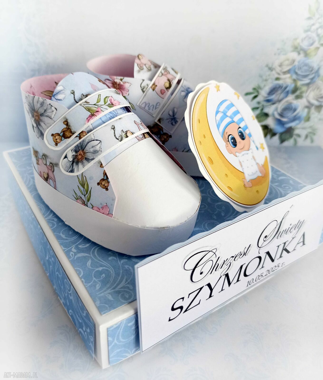 Chrzest święty, kartka w pudełku dla chłopca, niebieska pamiątka, Box, Personalizacja, Urodziny ręcznie wykonane