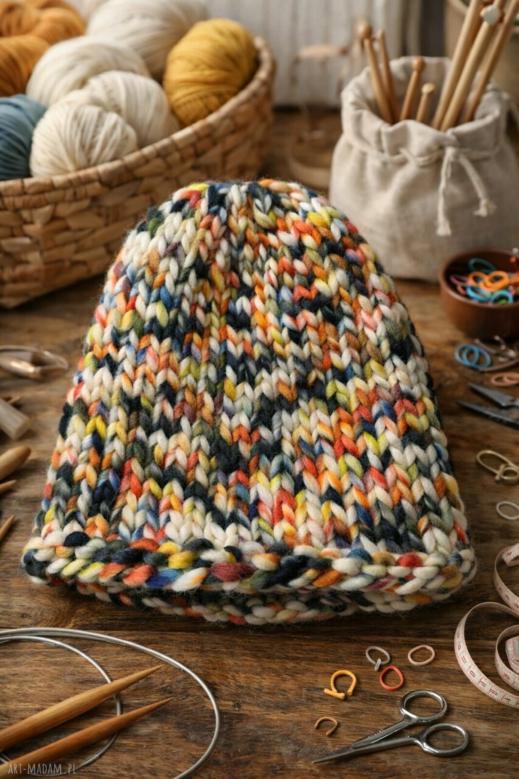 Czapka Chunky Beanie z 100% Wełny Merino (Multikolor) - ręcznie robiona