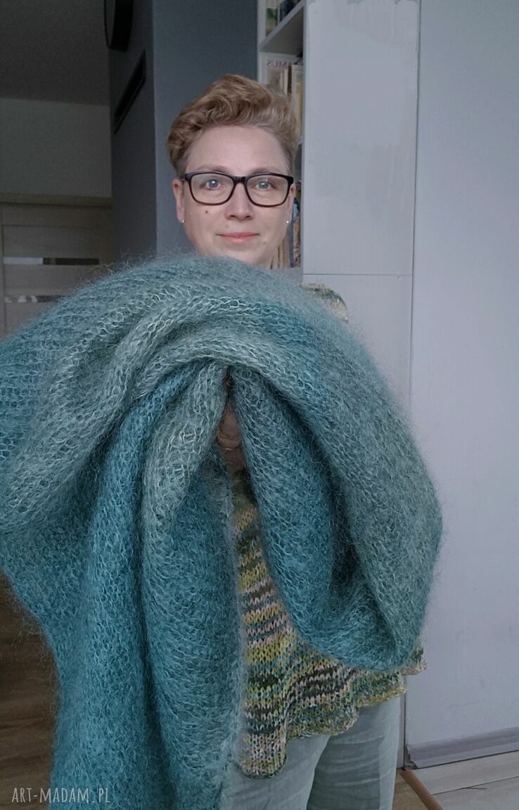 Chusta Mgła na drutach z moheru i jedwabiu duży szal 200 cm, zielono turkusowa