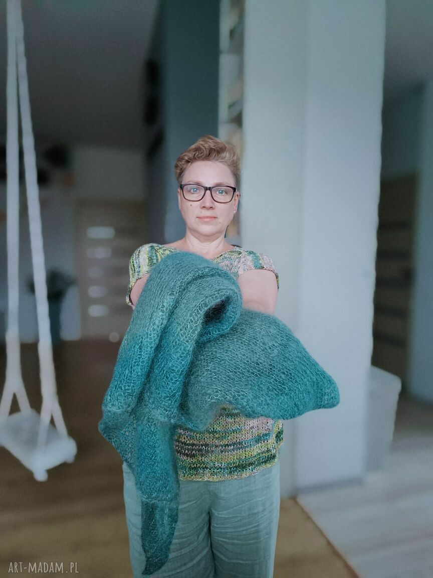 Chusta Mgła na drutach z moheru i jedwabiu duży szal 200 cm, zielono turkusowa