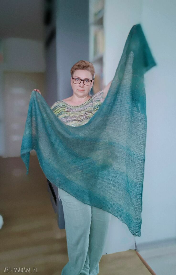 Chusta Mgła na drutach z moheru i jedwabiu duży szal 200 cm, zielono turkusowa