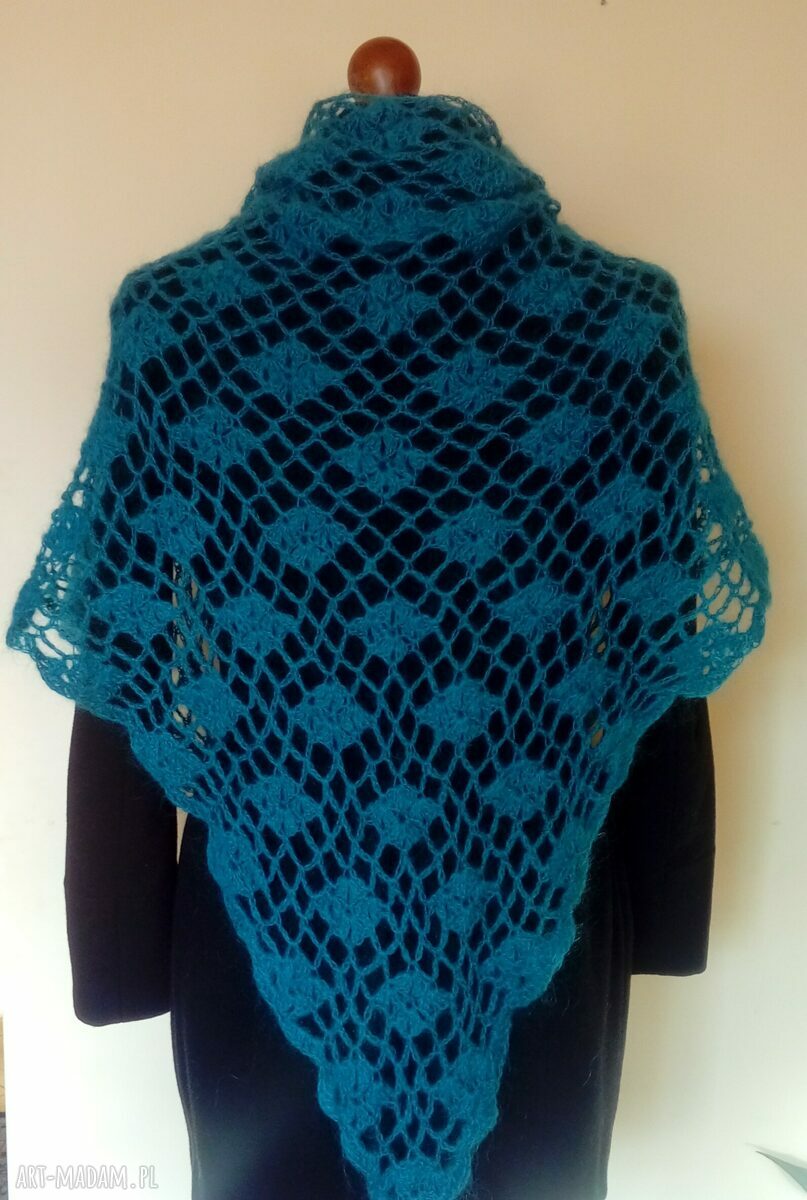Chusta moherowa turkusowa - ręcznie robiony szal ażurowy z moheru
