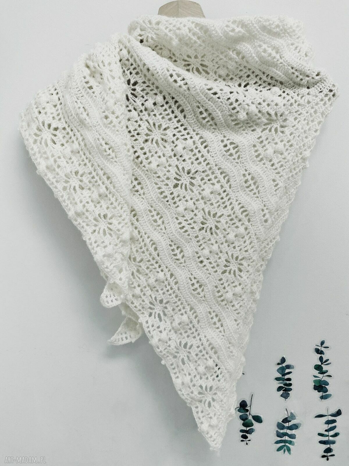 Chusta ślubna handmade biała szydełkowana Daisy Chain z merino