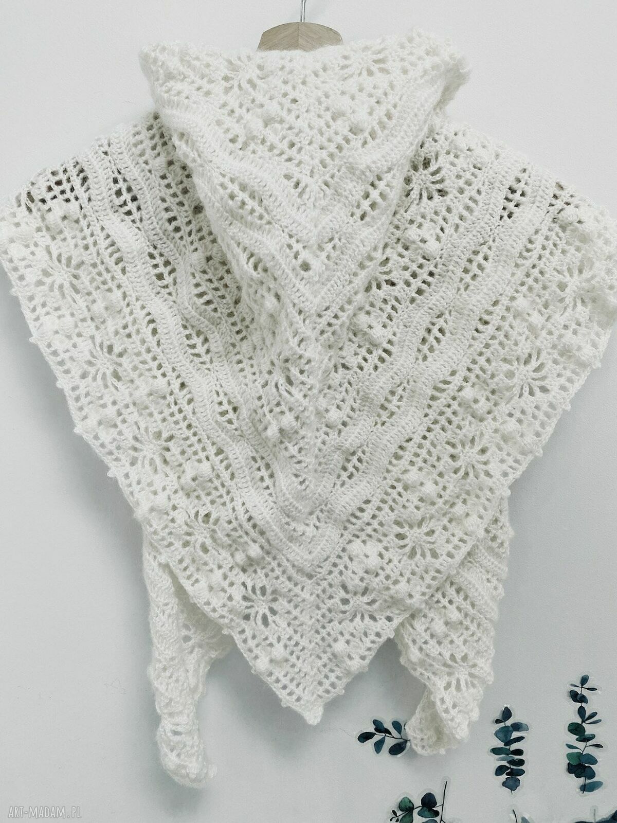 Chusta ślubna handmade biała szydełkowana Daisy Chain z merino