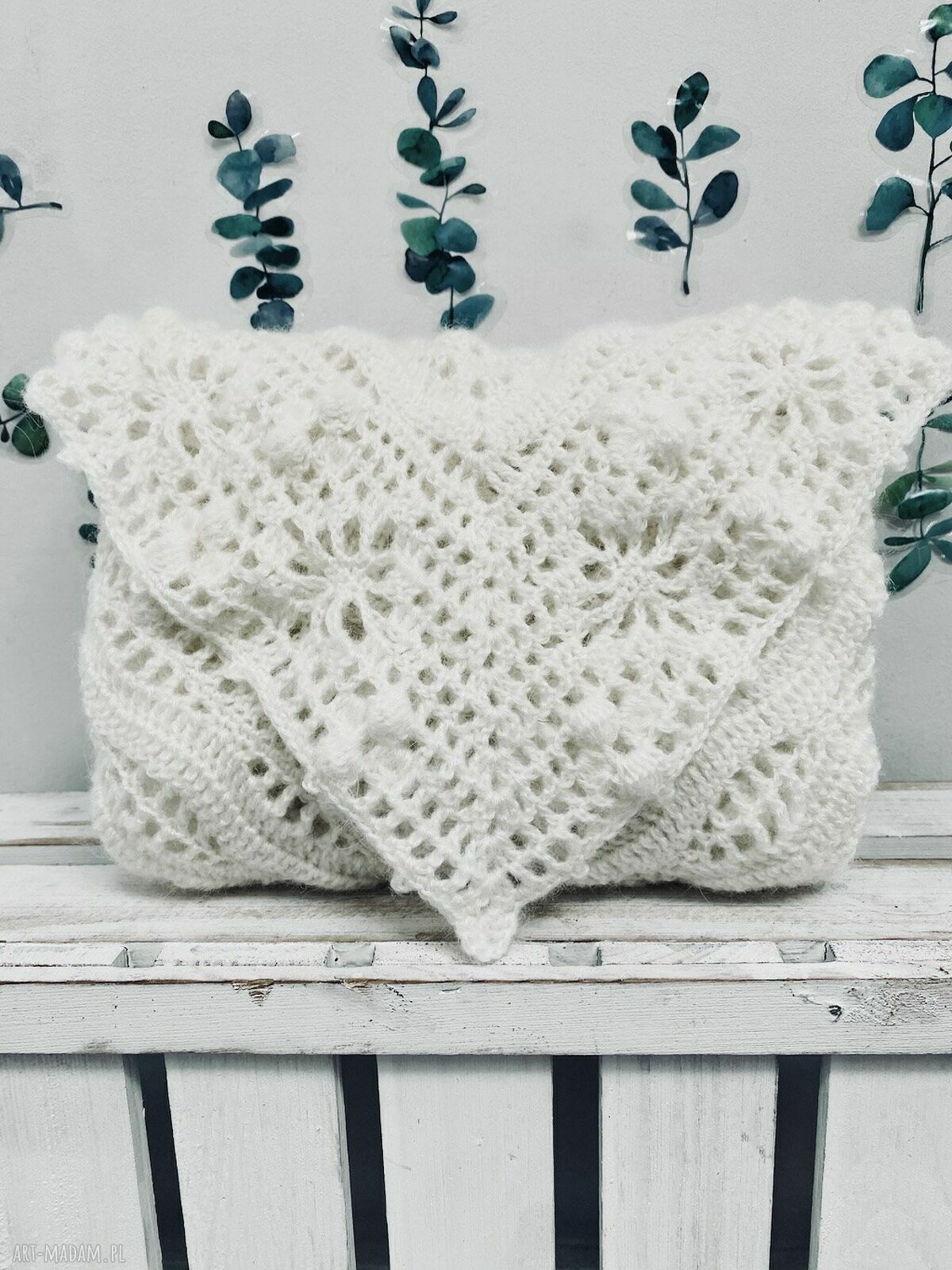 Chusta ślubna handmade biała szydełkowana Daisy Chain z merino