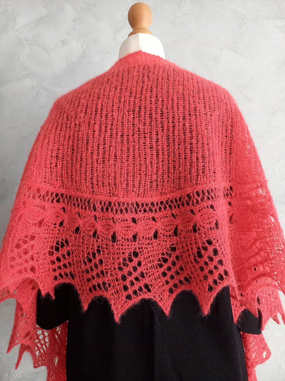 Ciepła chusta z alpaki i jedwabiu - rogala ręcznie robiona na drutach (koral)