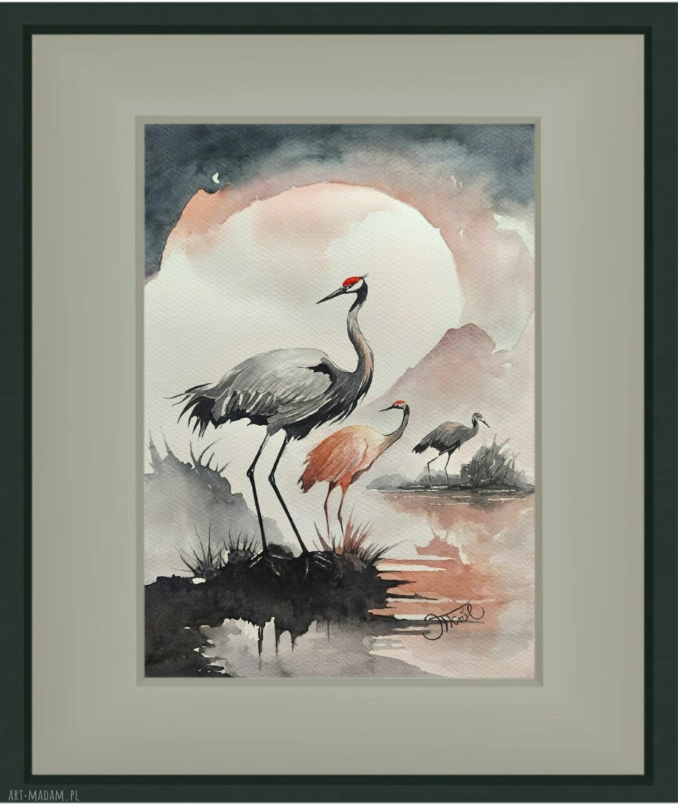 Chwila przed lotem - oryginalna akwarela z żurawiami 24 x 32 cm