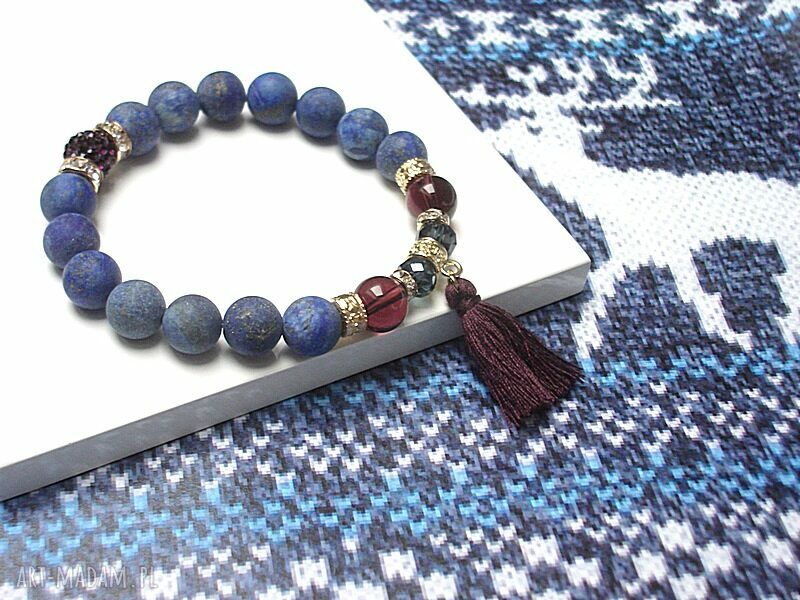 Bransoletka boho handmade z matowym lapis lazuli i bakłażanowym chwostem