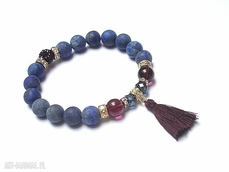 Bransoletka boho handmade z matowym lapis lazuli i bakłażanowym chwostem