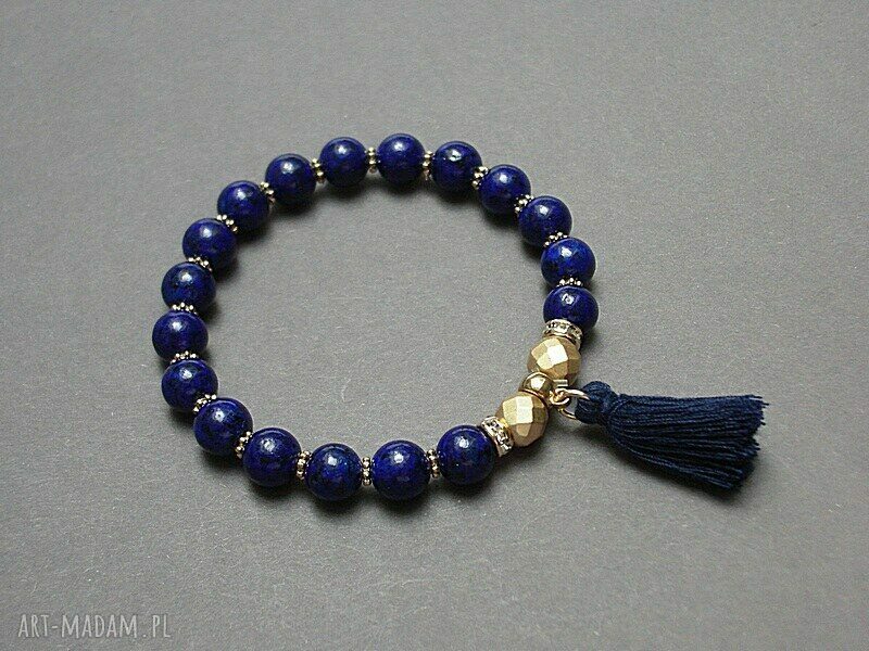 Boho bransoletka z lapis lazuli i hematytem na gumce ciemny granat z chwostem