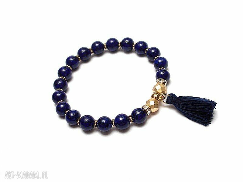 Boho bransoletka z lapis lazuli i hematytem na gumce ciemny granat z chwostem
