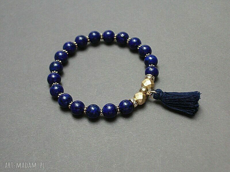 Boho bransoletka z lapis lazuli i hematytem na gumce - ciemny granat z chwostem