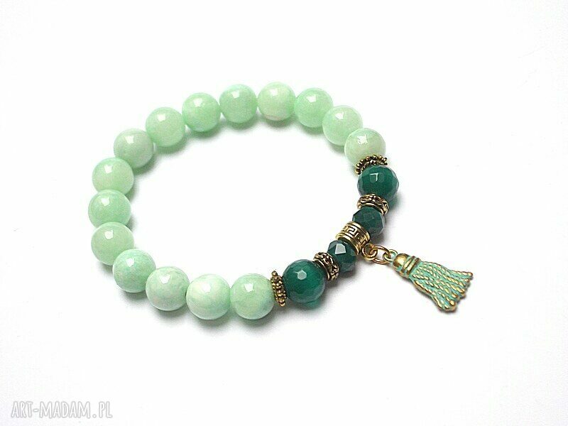 Chwościk mint patina - bransoletka boho z jadeitu i uleksytu na gumce