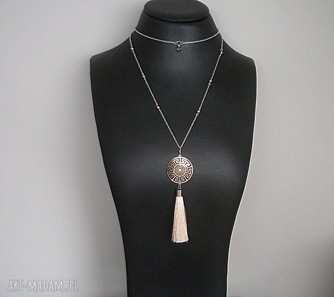 Długi naszyjnik 100 cm Rose Gold filigran z hematytami i satynowym chwostem - Alloys Collection