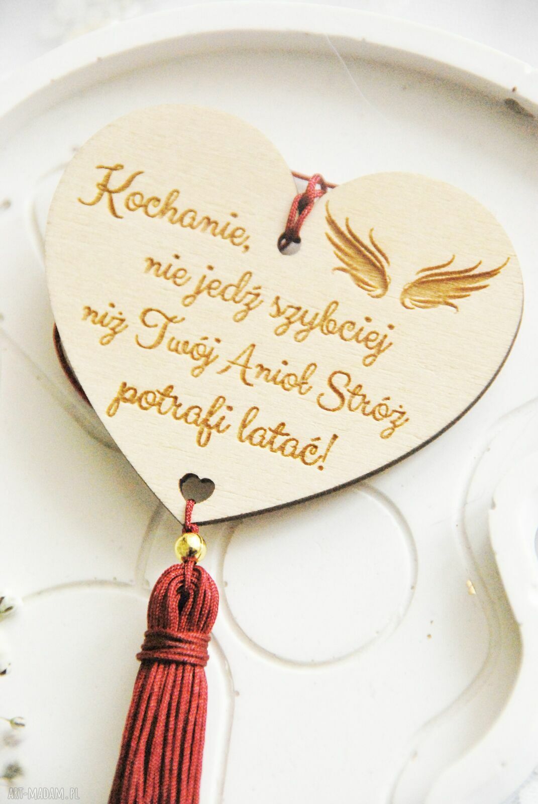 Chwost zawieszka do auta „Jedź ostrożnie” - bordo dla męża i żony