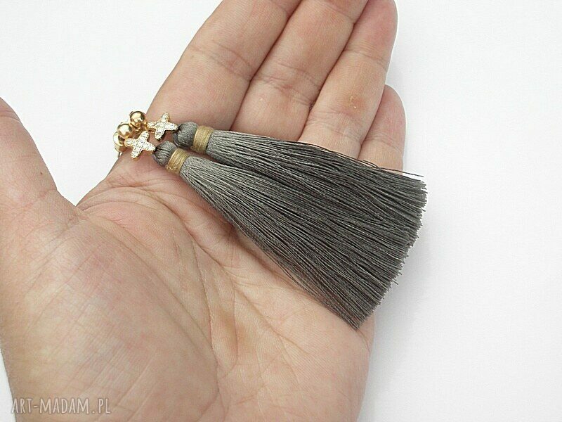 Boho Grey kolczyki z satynowych chwostów i cyrkonii 7,5 cm