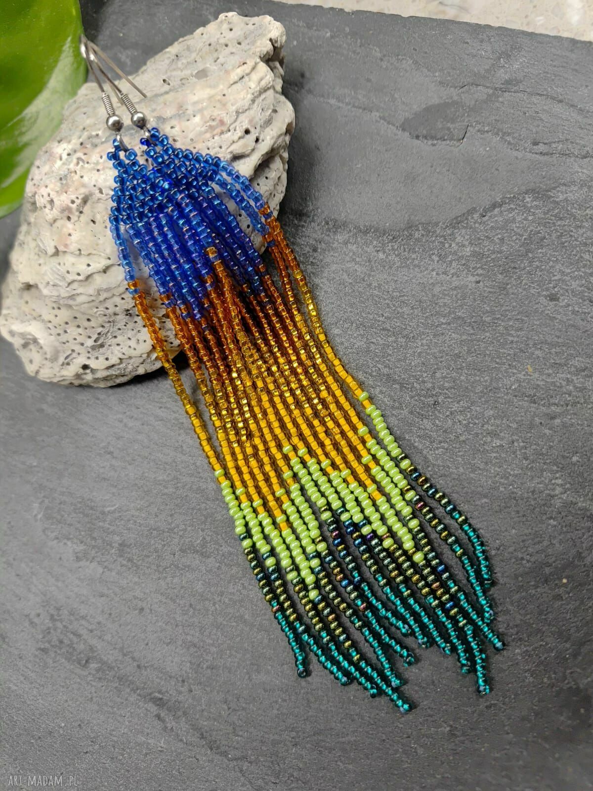 Długie kolczyki boho z koralików - tęcza ombre 14 cm