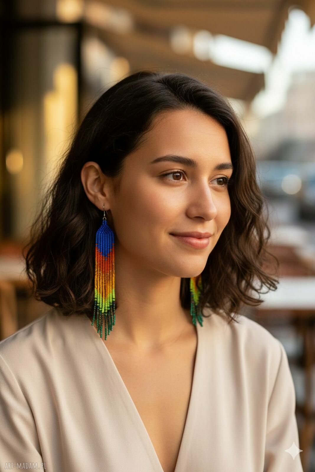 Długie kolczyki boho z koralików - tęcza ombre 14 cm