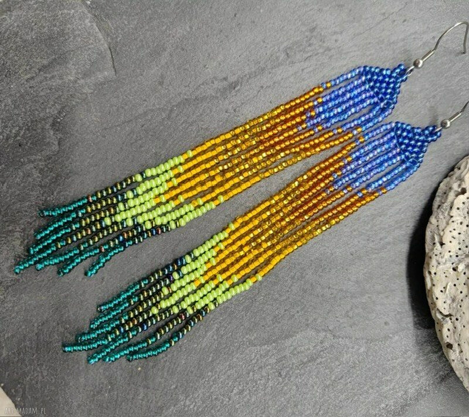 Długie kolczyki boho z koralików - tęcza ombre 14 cm