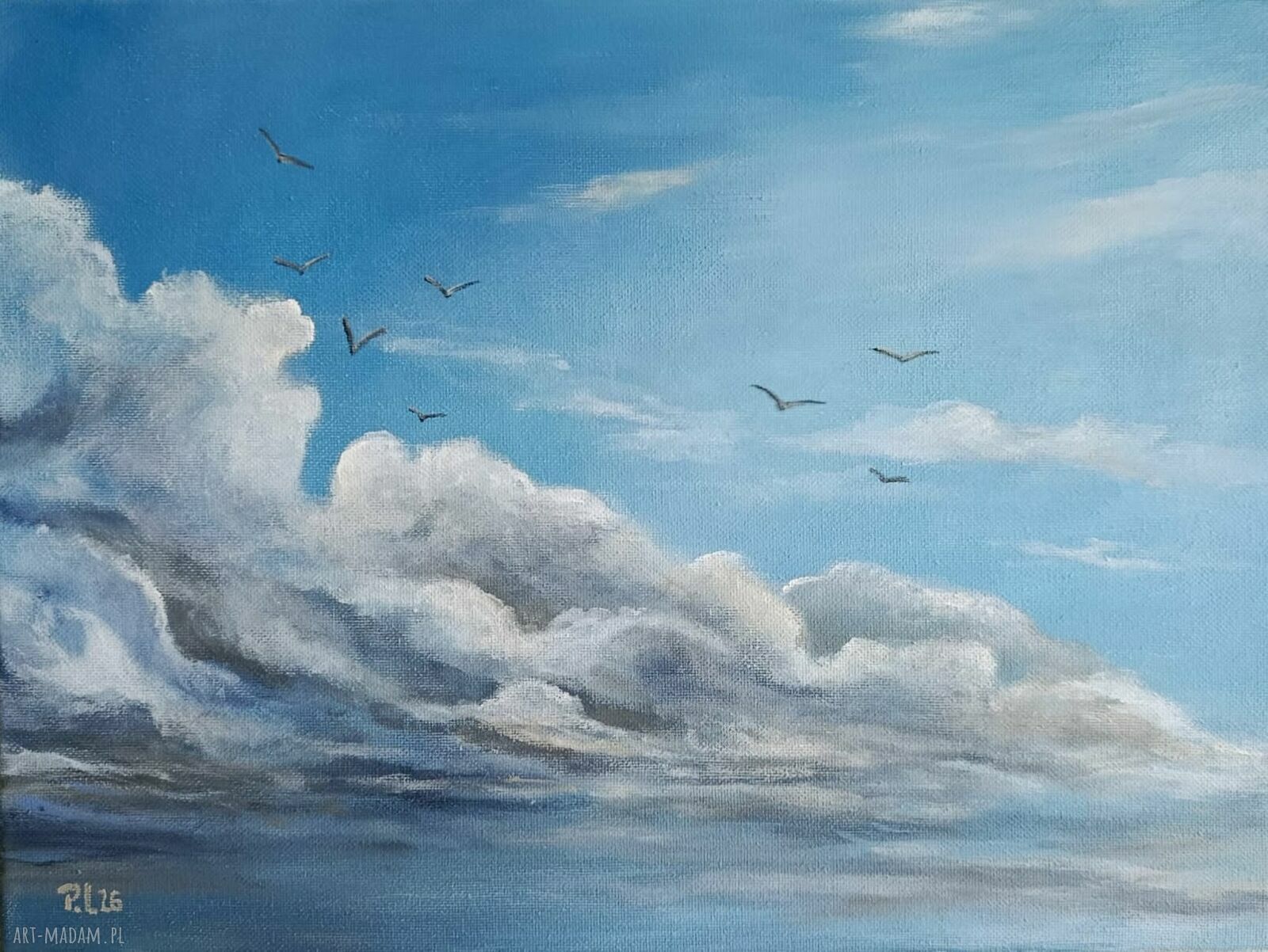 Cichy Poranek - obraz akrylowy 30x40 cm z ptakami i chmurami