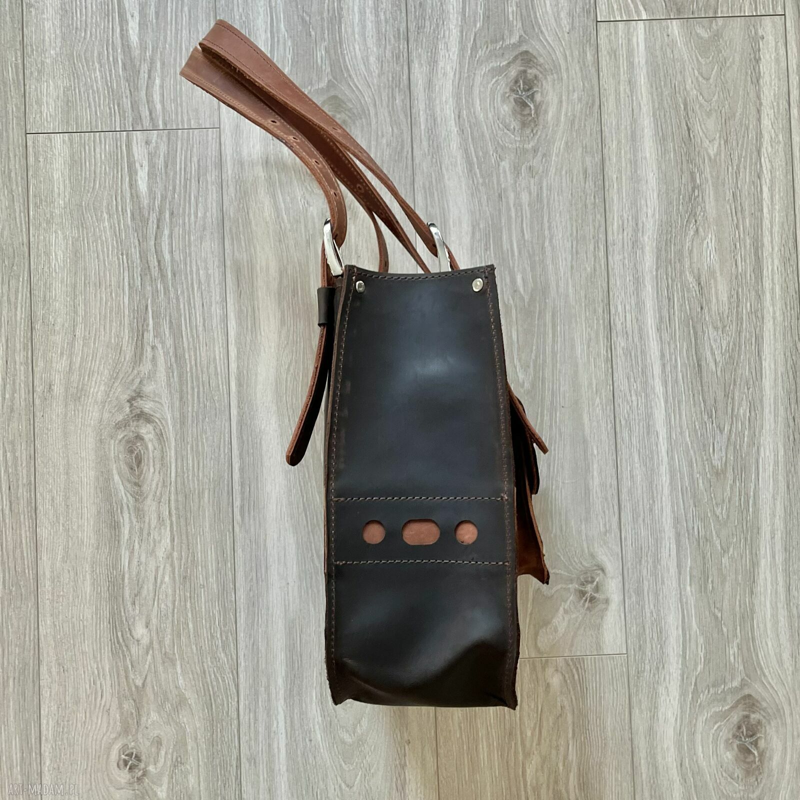 na ramię: Ciemno brązowa torba skórzana na ramię Shopperka. Autorskie