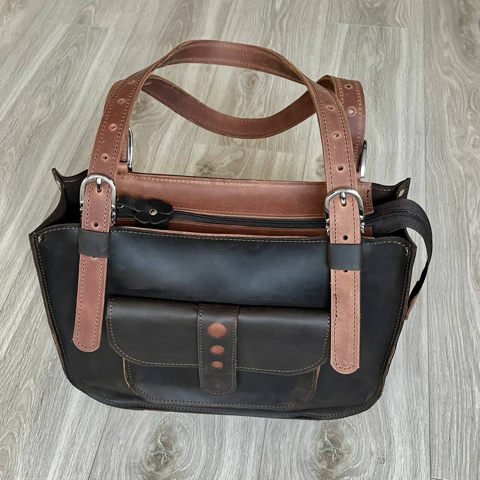 na ramię: Ciemno brązowa torba skórzana na ramię Shopperka. Autorskie