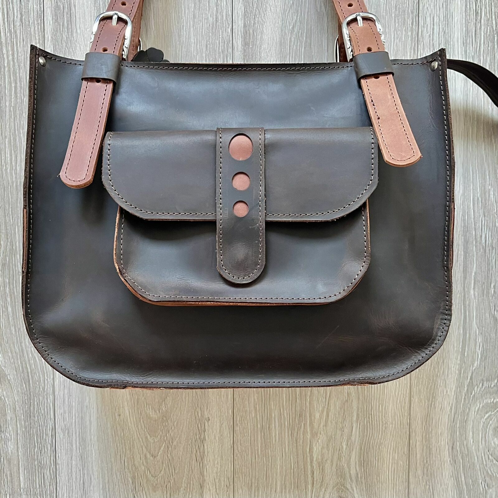 na ramię: Ciemno brązowa torba skórzana na ramię Shopperka. Autorskie