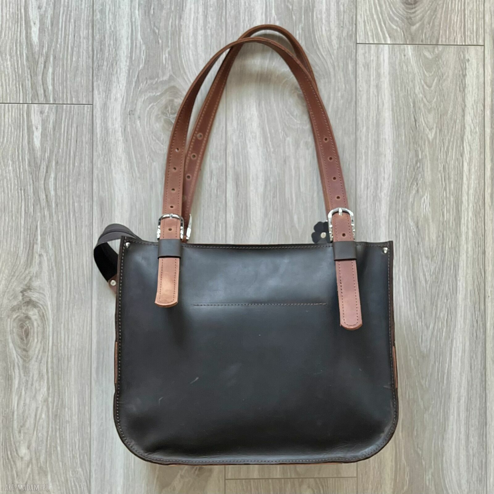 na ramię: Ciemno brązowa torba skórzana na ramię Shopperka. Autorskie