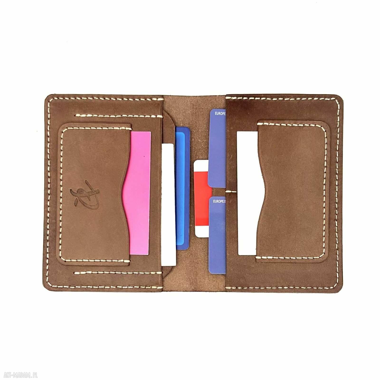 portfele: Ciemno brązowy portfel ze skóry na karty ręcznie uszyty. hand made