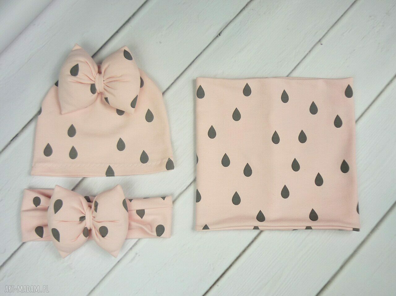 kominy: Cienki komplet dla dziewczynki, czapka, komin, opaska handmade