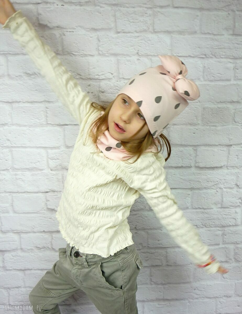 kominy: Cienki komplet dla dziewczynki, czapka, komin, opaska handmade