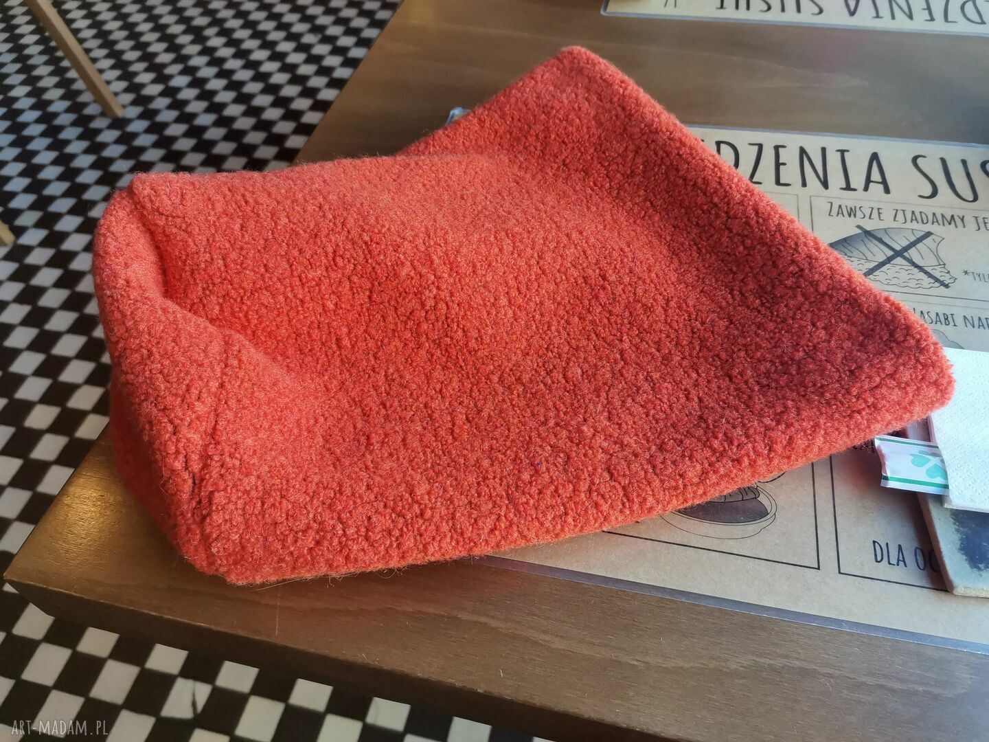 Czapka ciepła pomarańczowa na podszewce Smerfetka - ręcznie robiona
