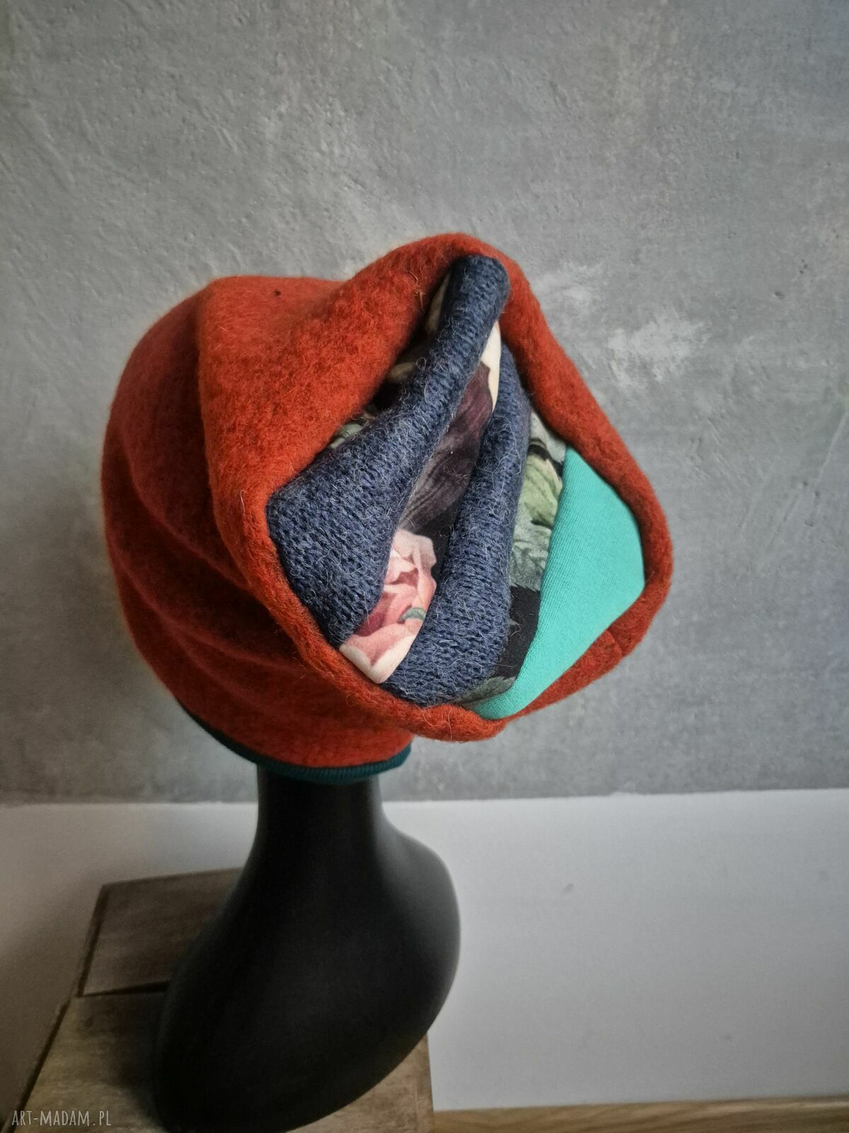 Ciepła czapka pomarańczowo-turkusowa w patchwork na podszewce, rozmiar uniwersalny S