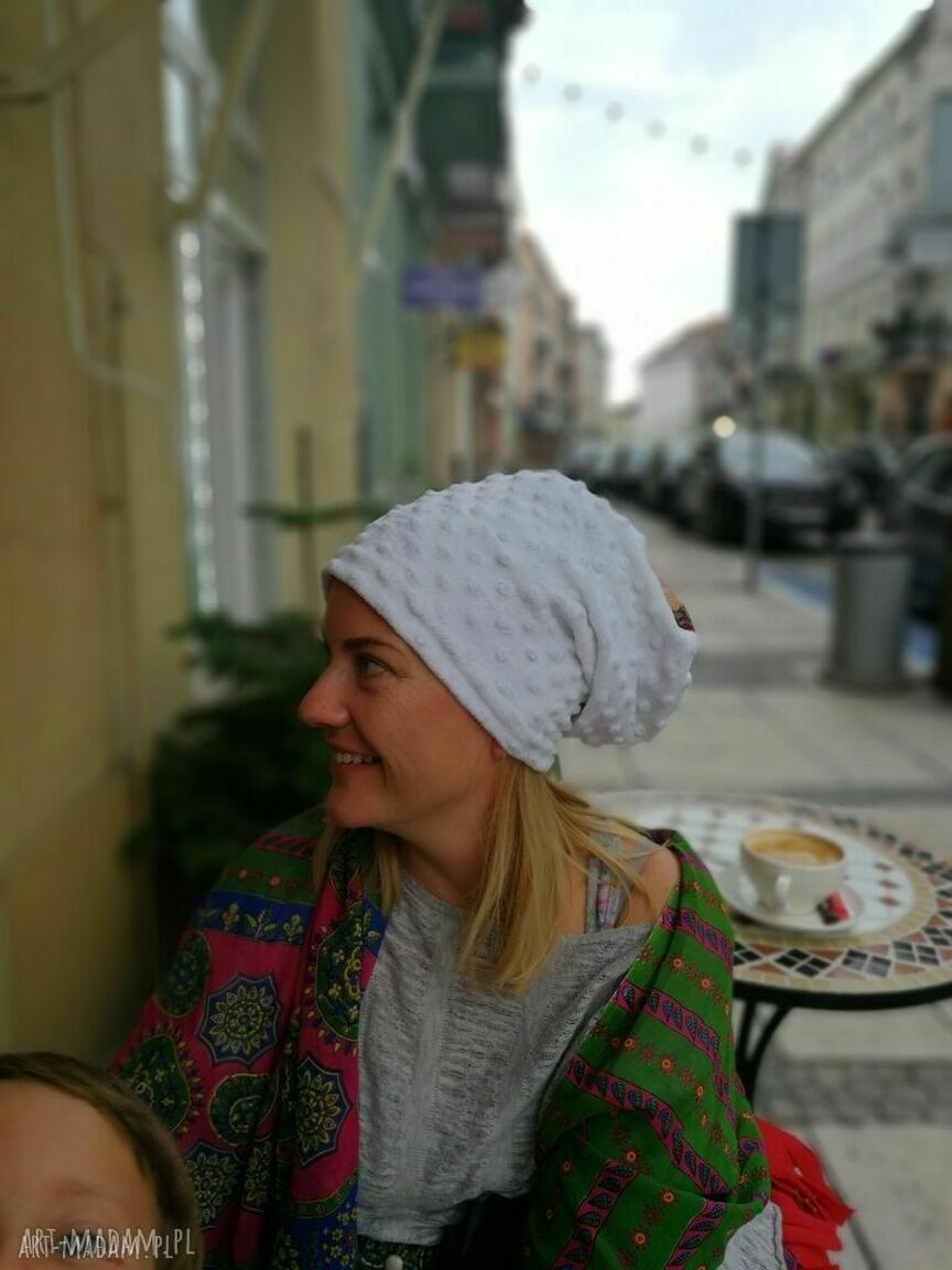Boho czapka na podszewce Etno Folk „Smerfetka” - długa, ciepła i ręcznie robiona