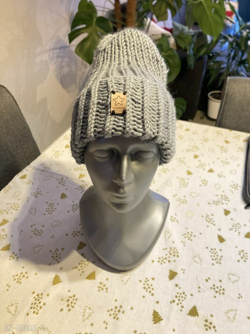 Ciepła czapka robiona na drutach Smerfetka - szara czapka zimowa handmade