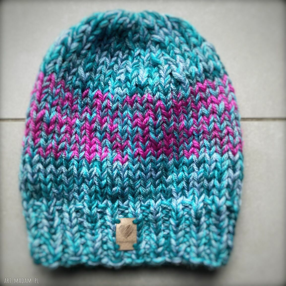 Ciepła czapka handmade robiona na drutach - turkusowa smerfetka