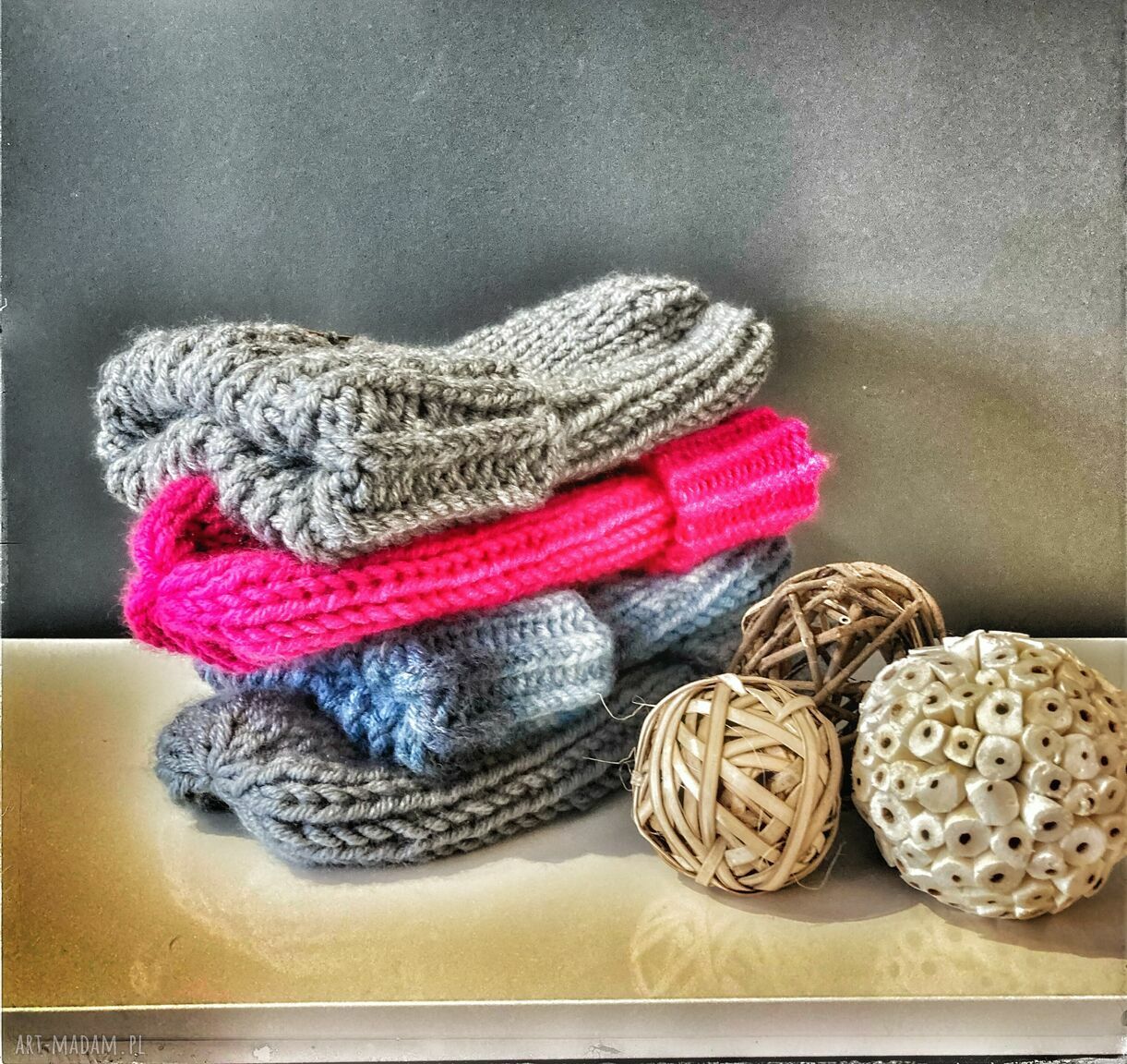 Ciepła czapka robiona na drutach Smerfetka - szara czapka zimowa handmade