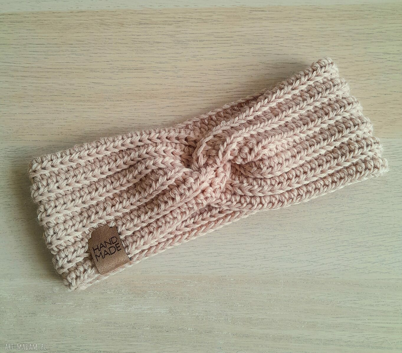 Ciepła beżowa opaska z wełną merino handmade - szydełkowa