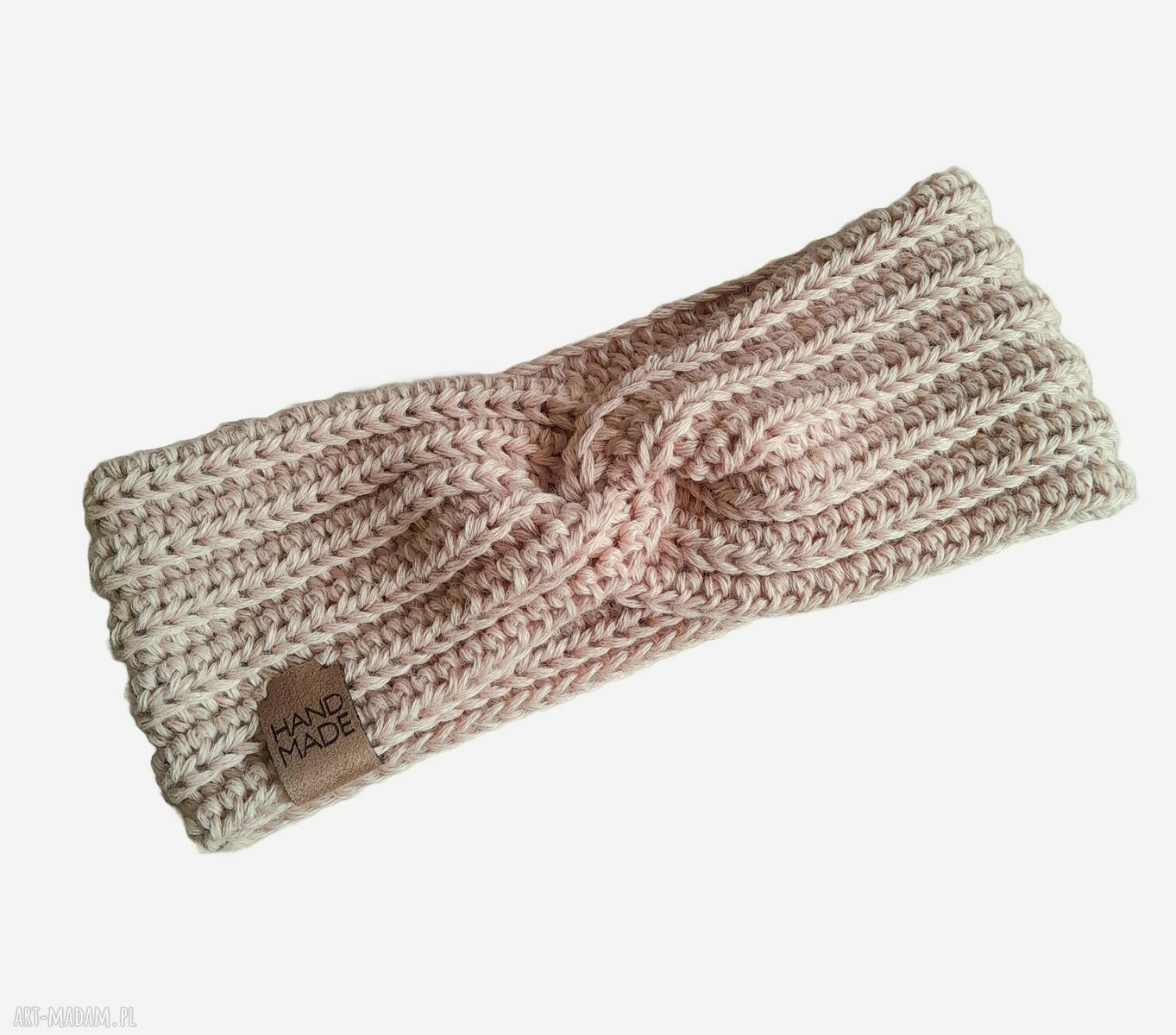 Ciepła beżowa opaska z wełną merino handmade - szydełkowa
