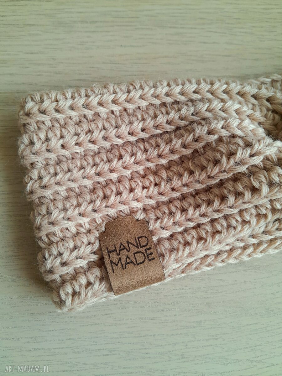 Ciepła beżowa opaska z wełną merino handmade - szydełkowa
