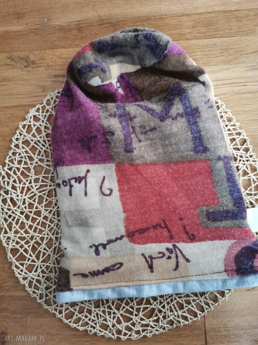 Ciepła smerfetka bordo - czapka folk Frida etno boho na podszewce