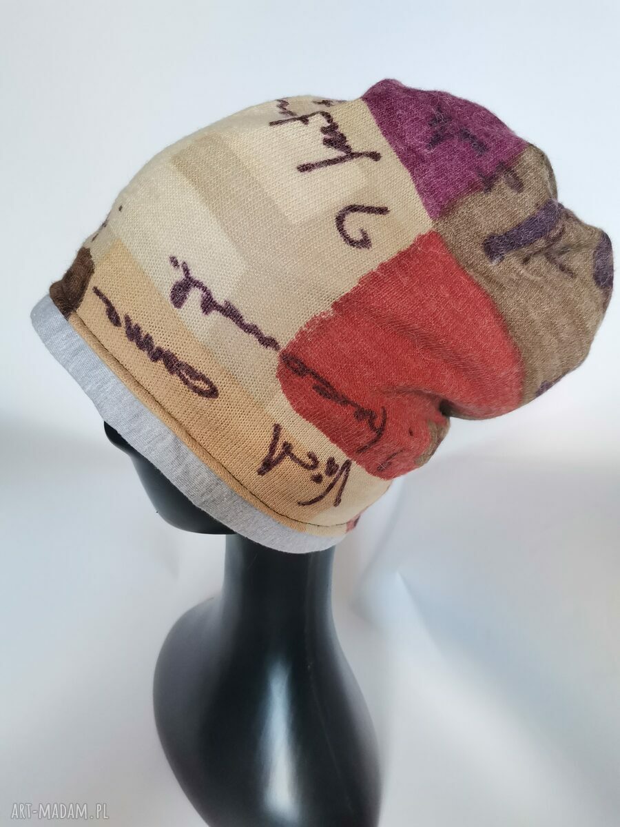Ciepła smerfetka bordo - czapka folk Frida etno boho na podszewce