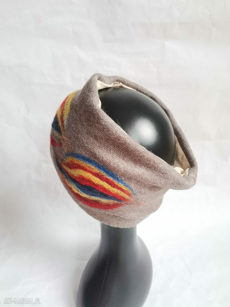 Ciepła wełniana opaska filcowana z frędzlami folk boho - 59-61 cm