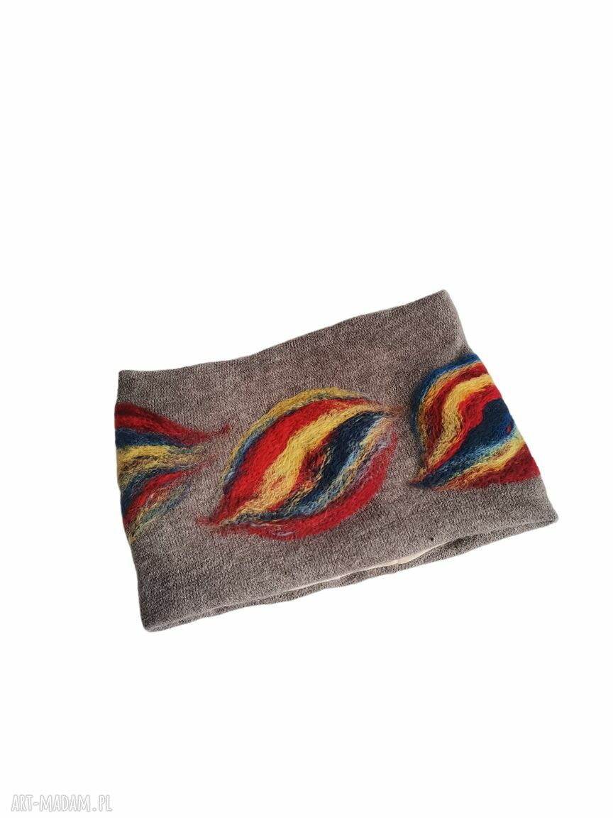 Ciepła wełniana opaska filcowana z frędzlami folk boho - 59-61 cm