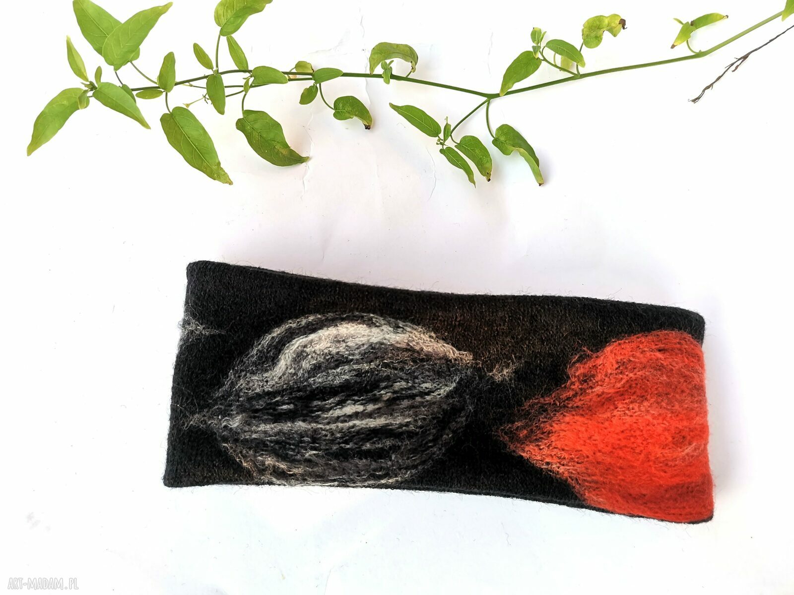 Ciepła zimowa opaska filcowana z wełny merynosów na podszewce 59-61 cm - boho frędzle