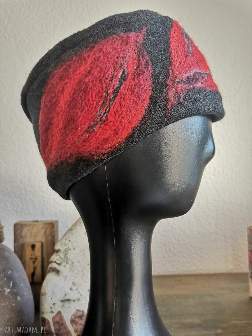 Kwiatowa opaska wełniana filcowana na podszewce - 59-61 cm